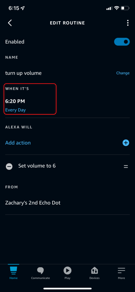 The time setting for an Alexa scheduled routine