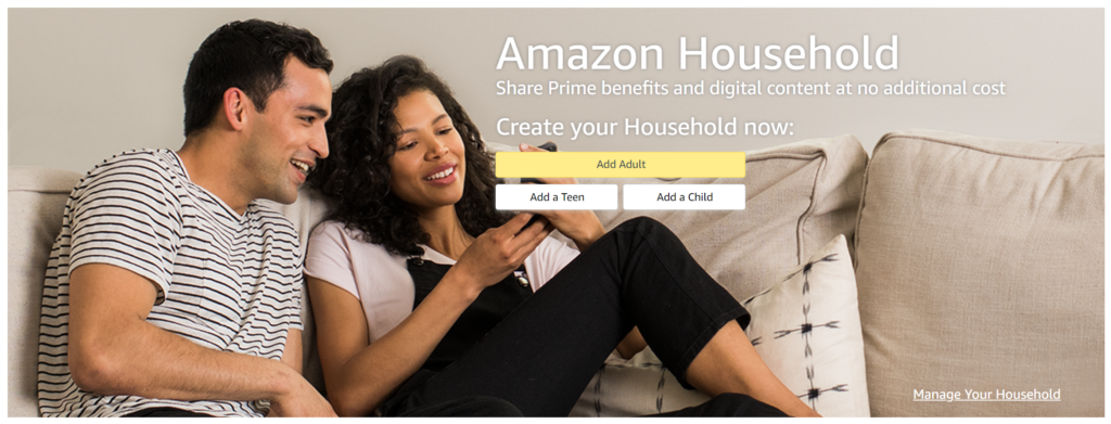 The Amazon Household screen, where you would go to link another adult to your account