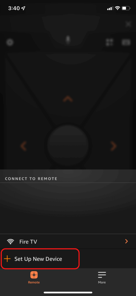 The Fire TV iPhone app, showing how to add a new device