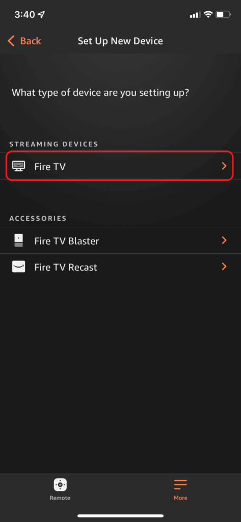 The Fire TV iOS app, showing how to add a new Firestick