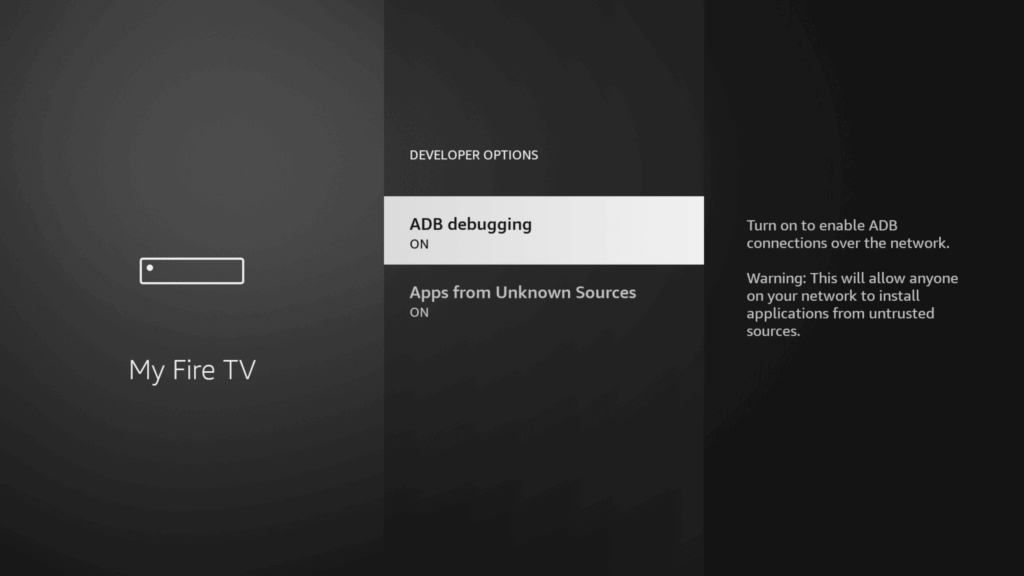 The Developer Options page in your Fire TV settings, showing how to turn off ADB debugging