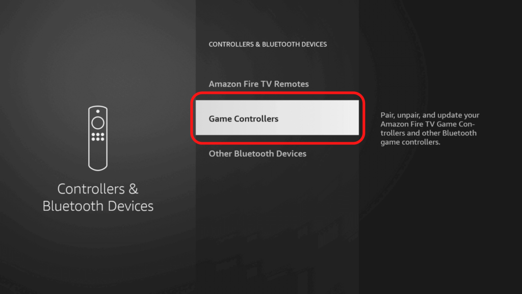 The Bluetooth settings menu on the Amazon Firestick, showing the option for adding a new game controller