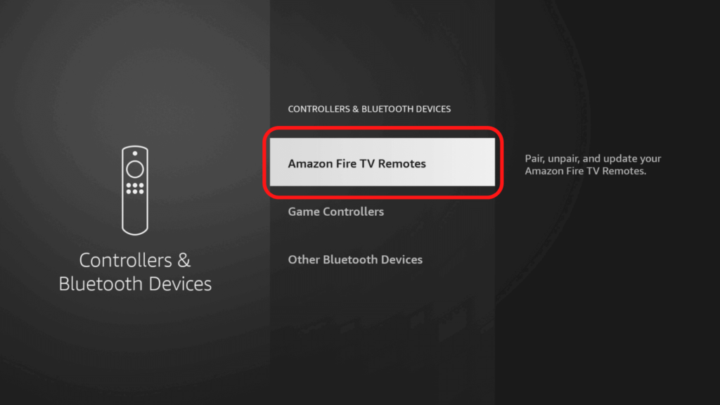 The Bluetooth settings menu on the Amazon Firestick, showing the option for adding a new Fire TV remote