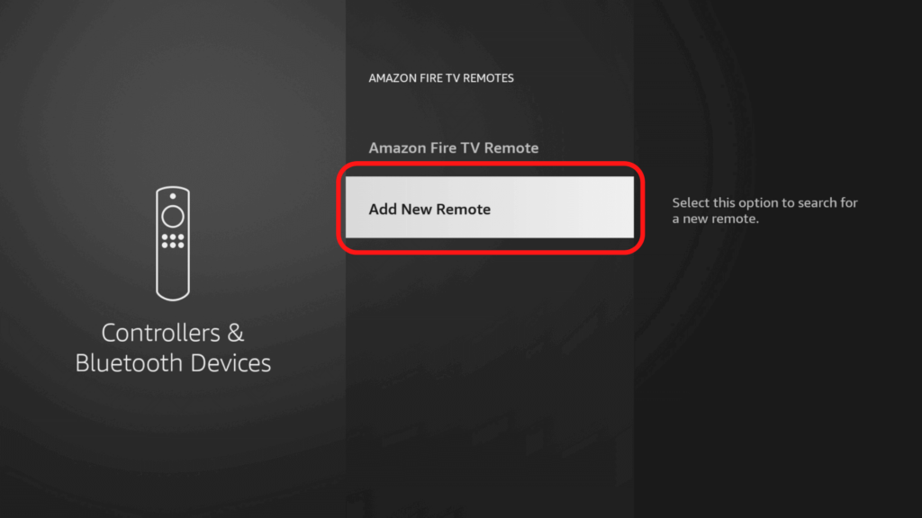 The Amazon remote section of the Bluetooth settings on the Firestick, showing how to add a new remote