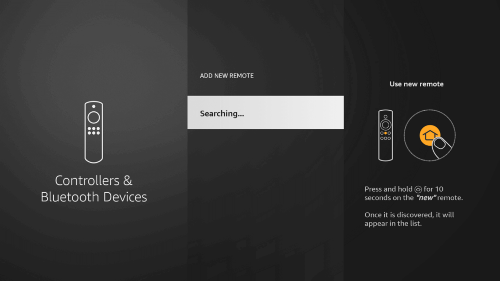 An Amazon Firestick that is searching for a new Fire TV remote to pair with