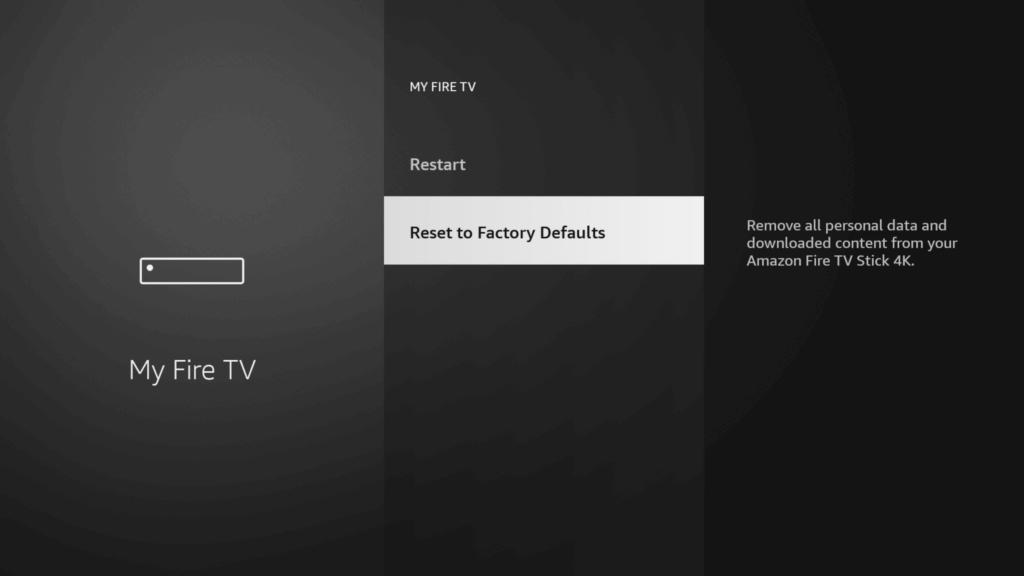 The Fire TV settings menu, showing how to do a factory reset