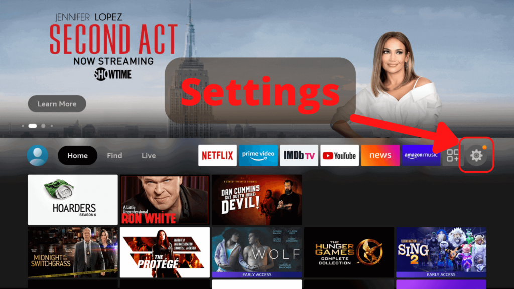 The Fire TV home screen, showing how to open the settings menu