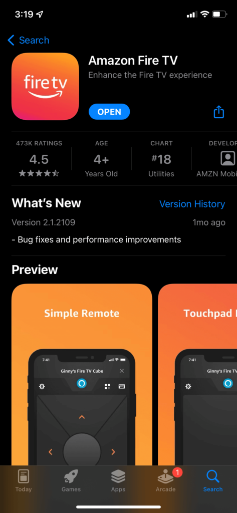 The Fire TV iOS app in the Apple App store