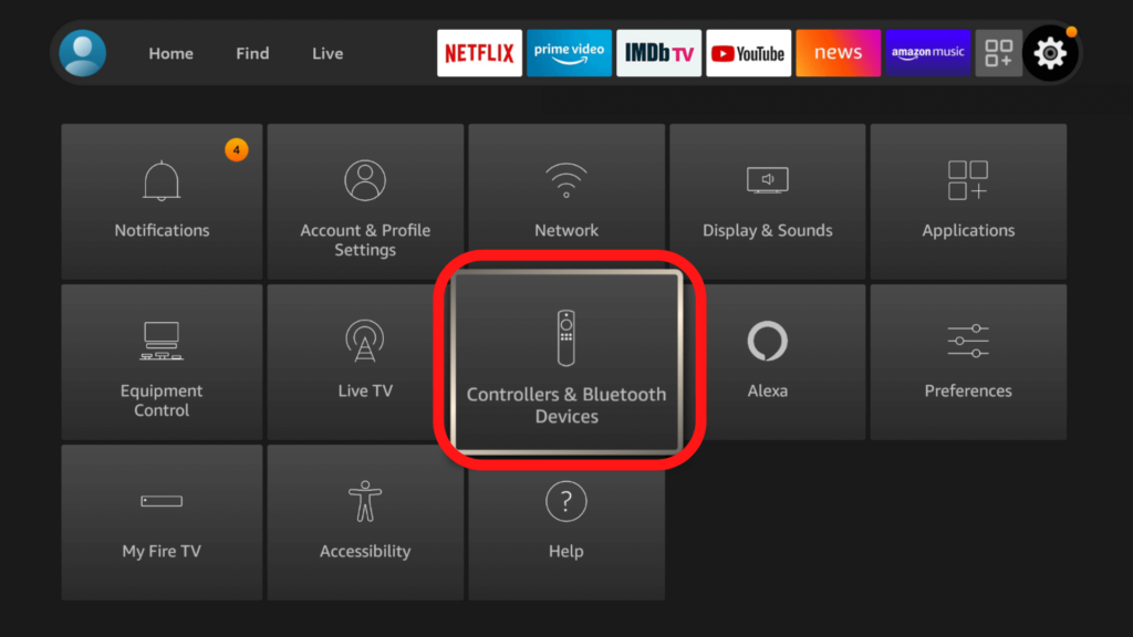 The Fire TV settings menu, showing the Bluetooth devices selection