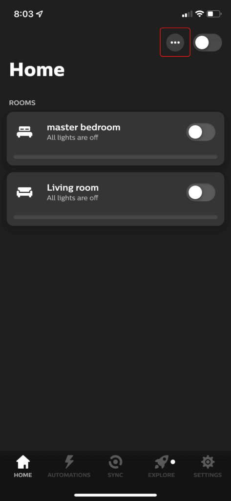 The Philips Hue app home tab, showing the button for adding new lights