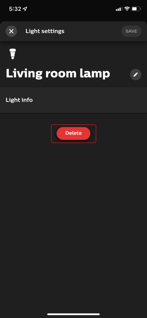 The single light page of the Philips Hue app, showing how to delete the light