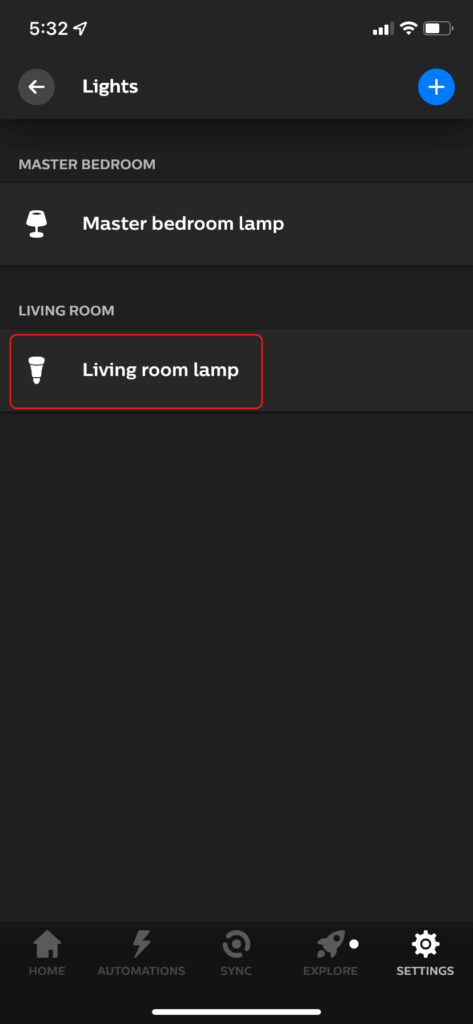 The Philips Hue app, showing how to select a specific light bulb