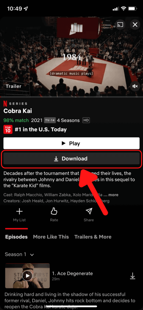 The Netflix iOS app, showing how to download a TV show