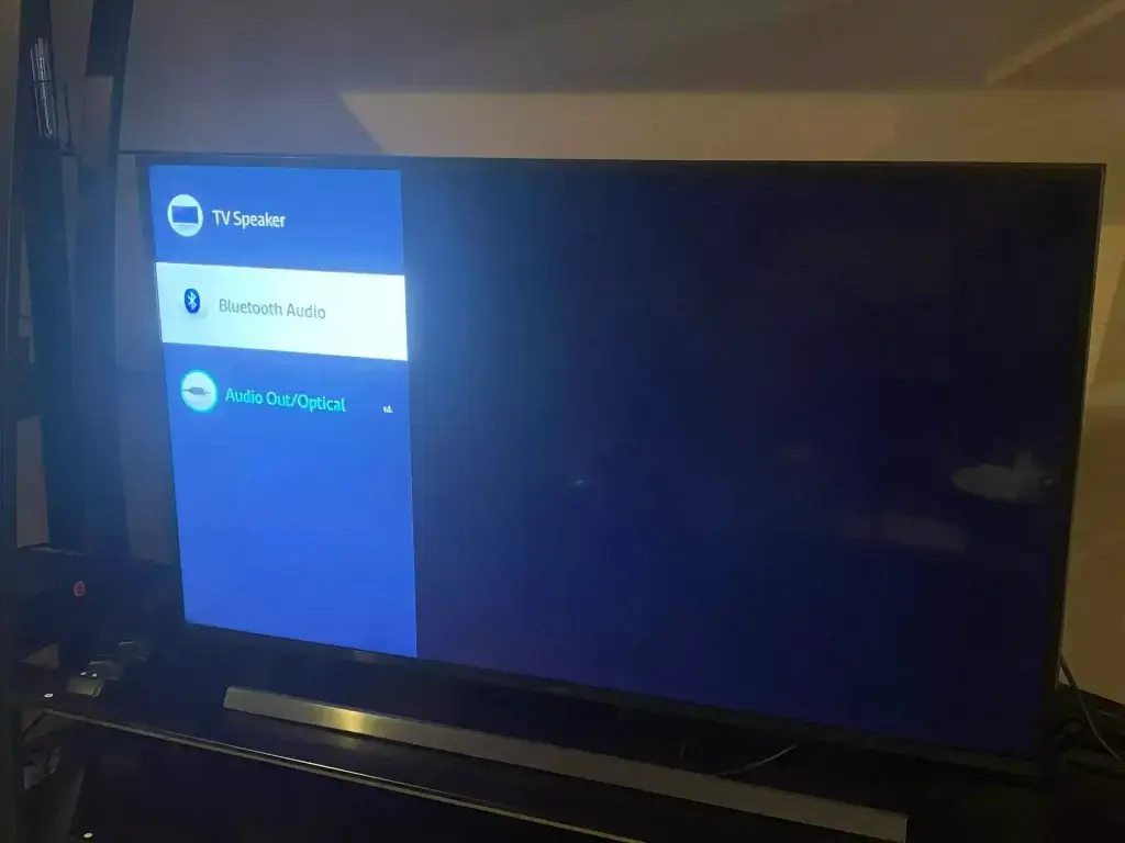 A Samsung smart TV displaying the TV speaker selection list where you can see the Bluetooth audio option