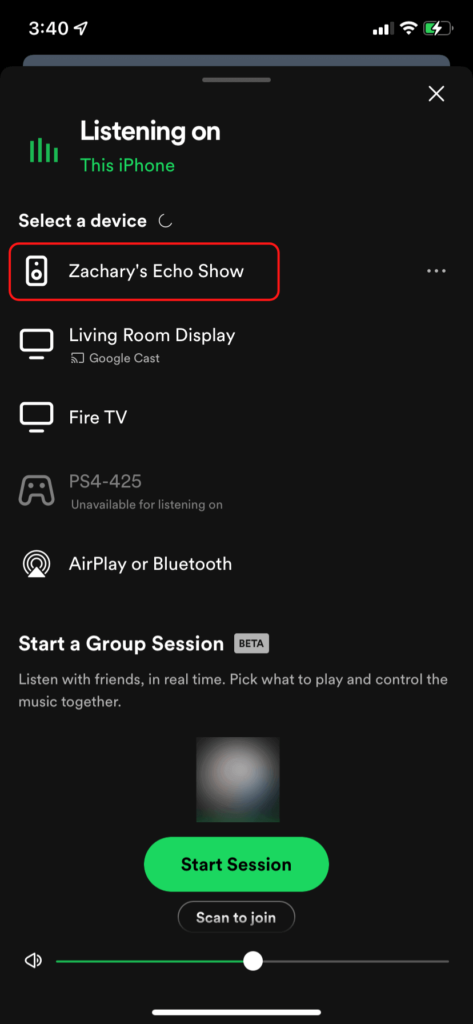 The Spotify app, showing how to select a device from the Spotify connect list