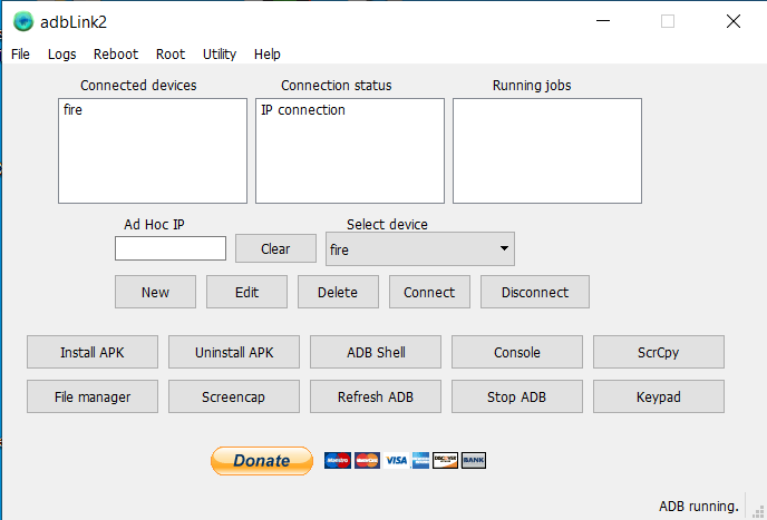 The adbLink2 app main menu, with the app connected to a Firestick device