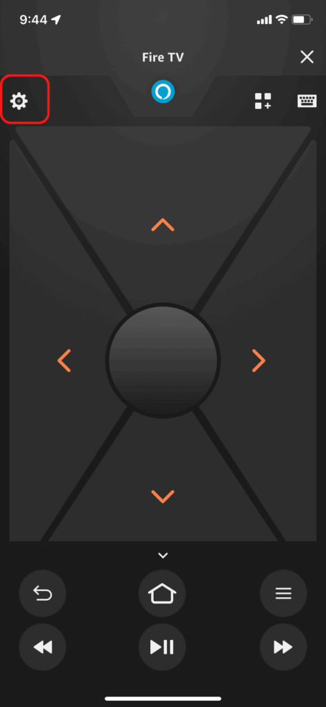 The Fire TV iOS app, showing the settings button