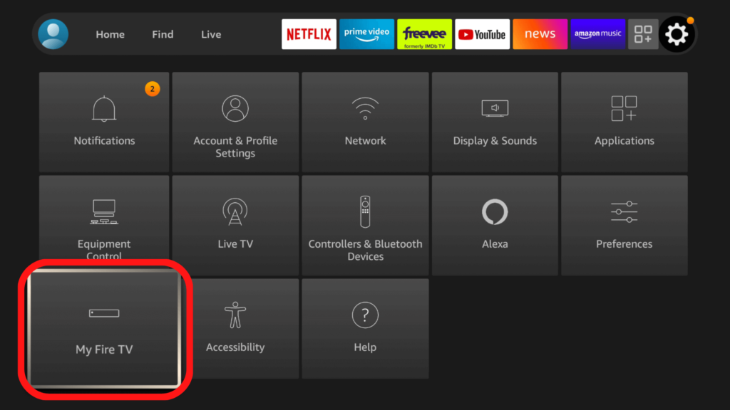 The settings menu on Fire TV, highlighting the My Fire TV option