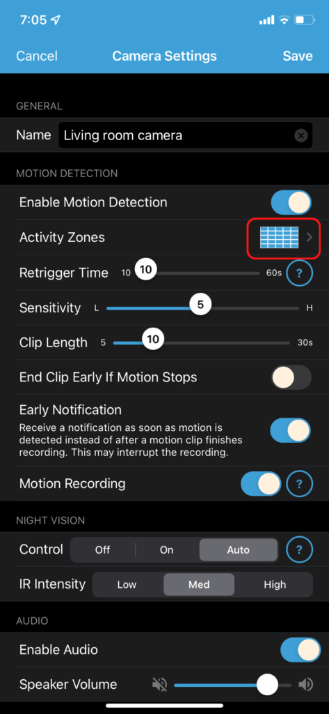 The activity zones button in the Blink camera settings