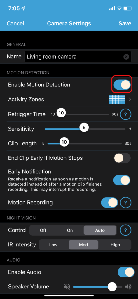The motion detection toggle in the Blink camera settings