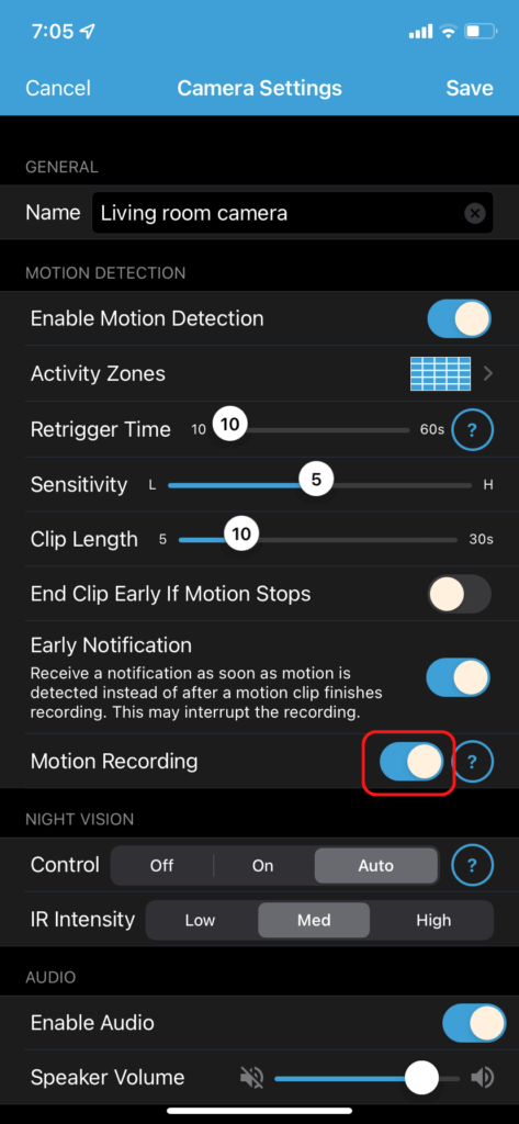 The motion recording toggle in the Blink camera settings