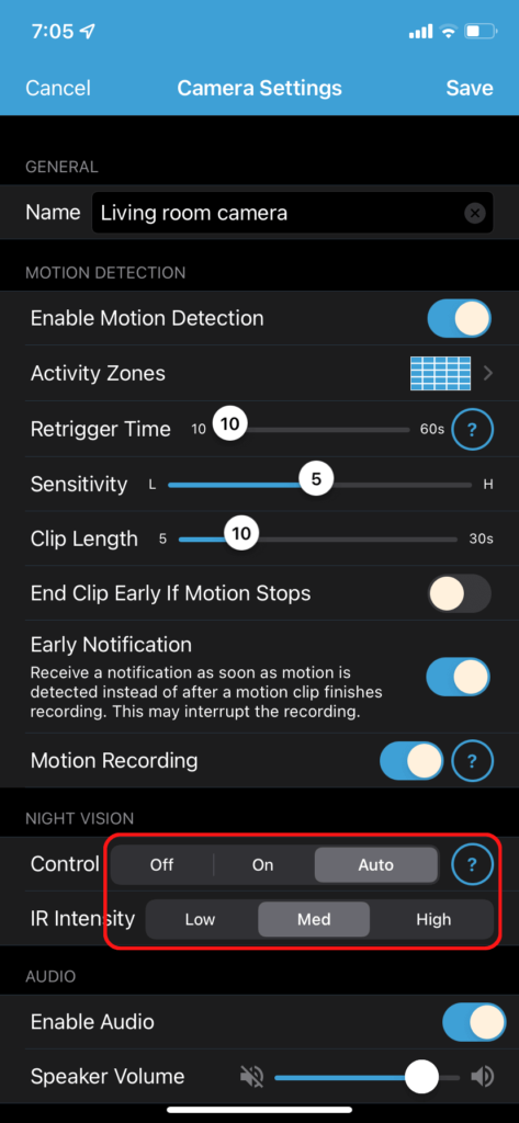 The night vision controls in the Blink camera settings