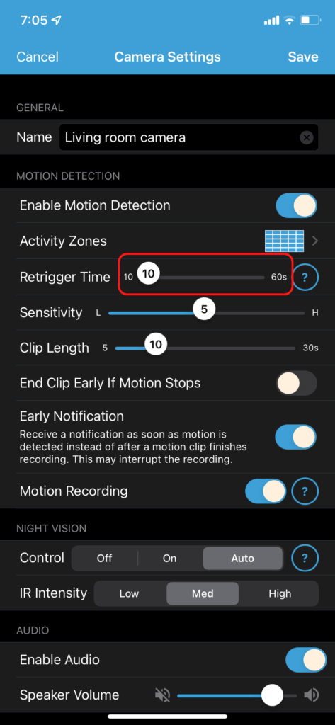 The retrigger time slider in the Blink camera settings