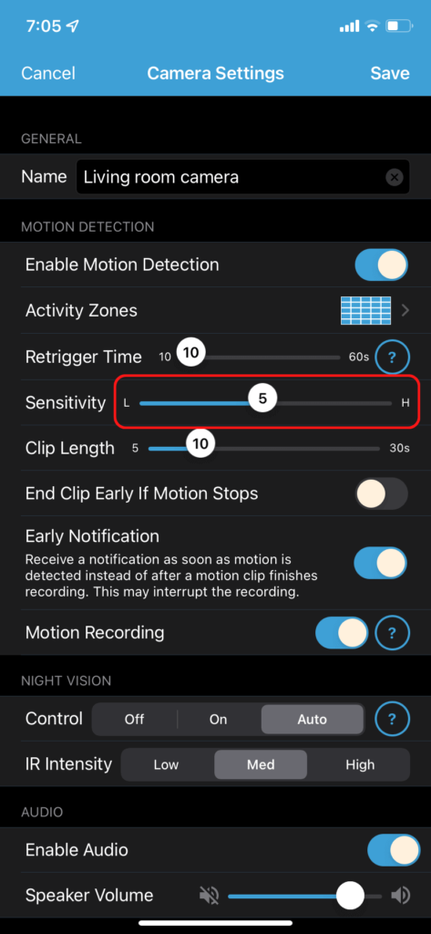 The sensitivity time slider in the Blink camera settings