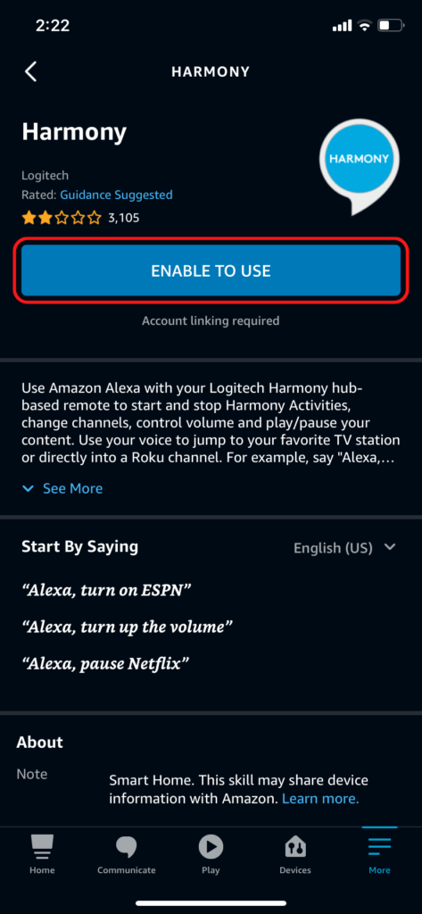 The Alexa iOS app, showing how to enable the Harmony skill