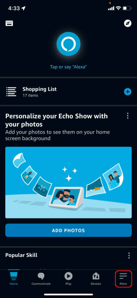 The Alexa app home screen, showing the more tab