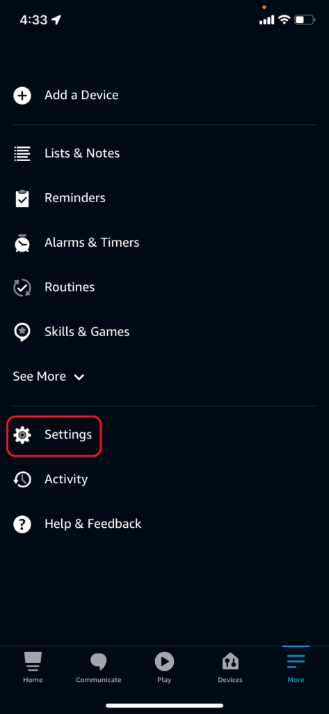 The Alexa settings more tab, showing the settings menu item
