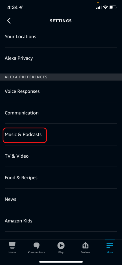 The Alexa app settings menu, showing the music & podcasts option