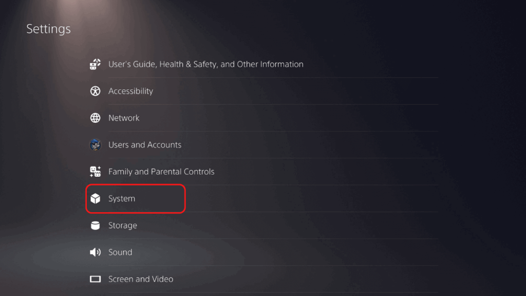 The PS5 Settings menu, showing the System option