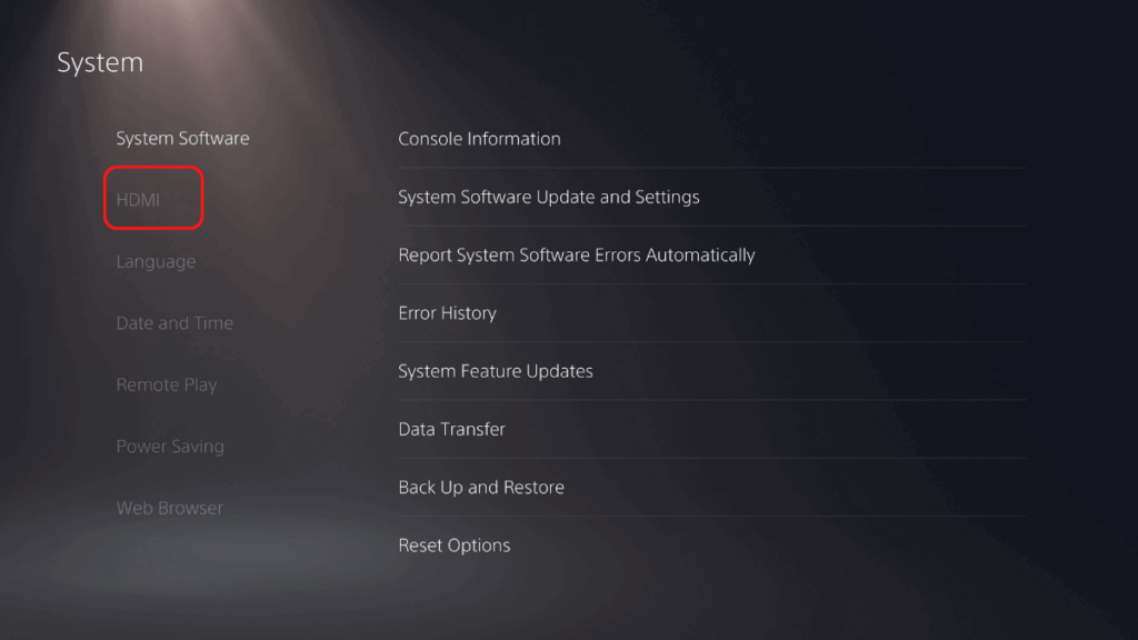 The PS5 System menu, showing the HDMI tab