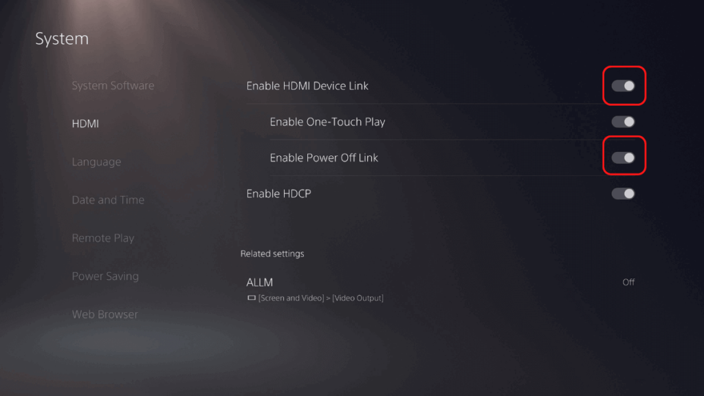 The PS5 HDMI menu, showing the toggles to activate HDMI-CEC