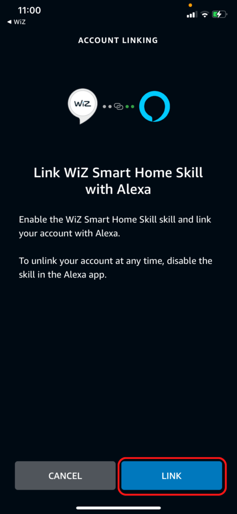 The Alexa app page where you can link the WiZ skill