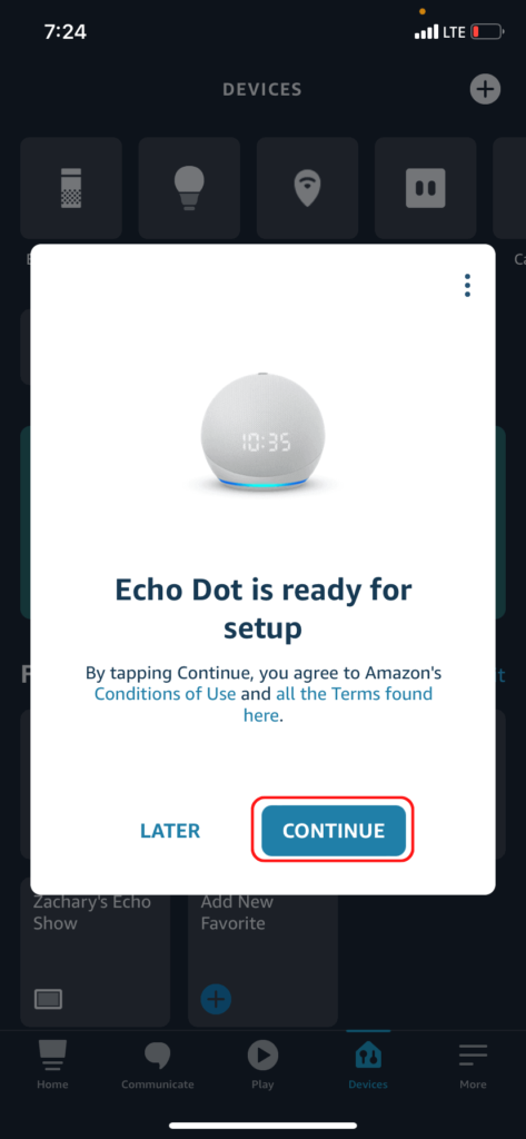 The start of the Echo Dot setup process in the Alexa app