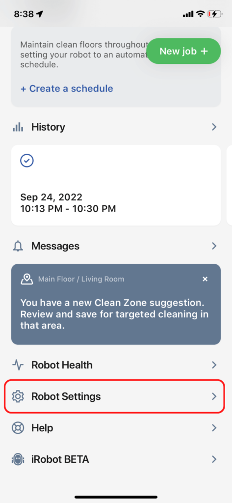 The iRobot app home screen, showing the Robot Settings menu item
