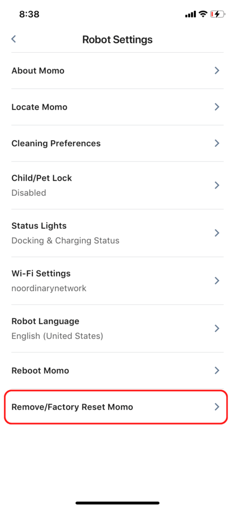 The Robot Settings menu in the iRobot app, showing the factory reset option