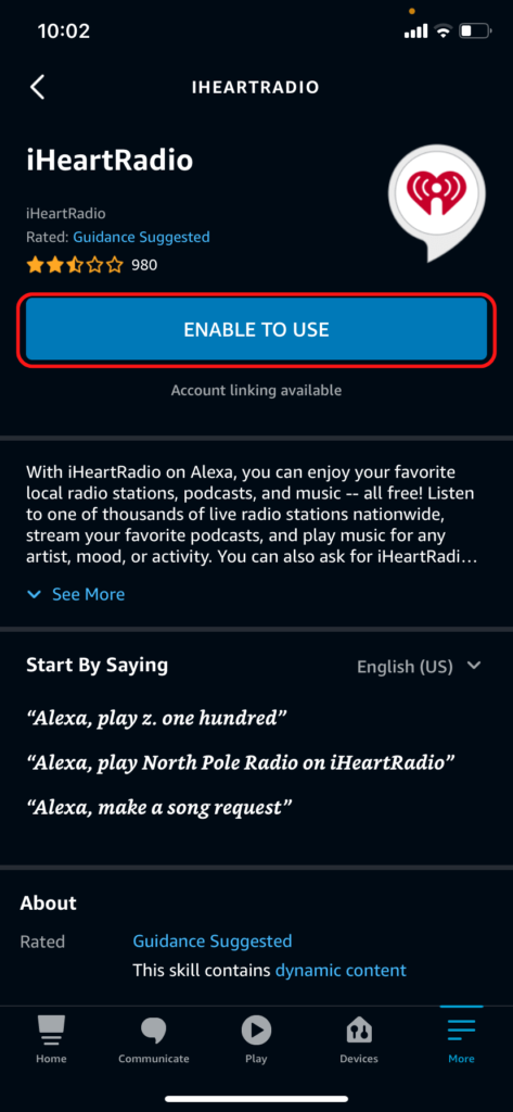 The enable button for the iHeartRadio skill in the Alexa app