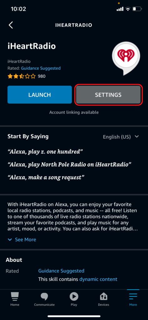 The iHeartRadio skill in the Alexa app, showing the Settings button