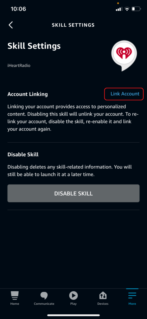 The Link Account button for the iHeartRadio Alexa skill in the Alexa app