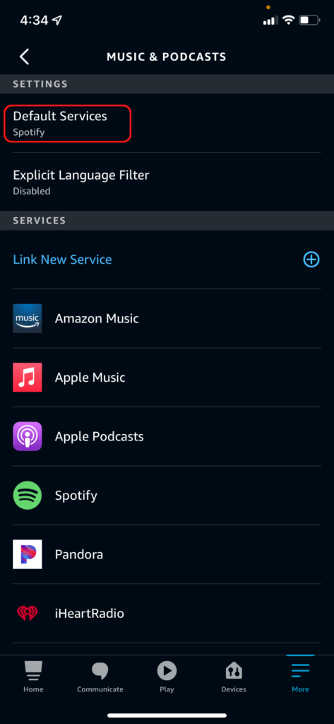 The Alexa app music menu, showing the Default Services menu option