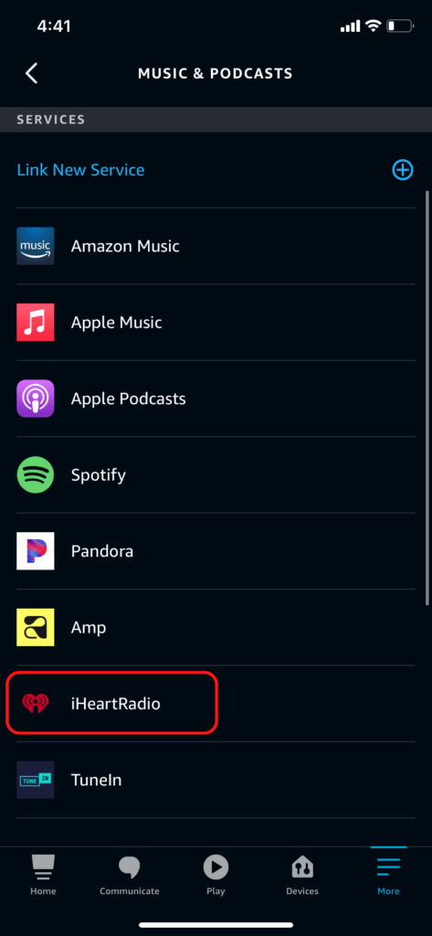 The Alexa app music screen, showing the iHeartRadio service