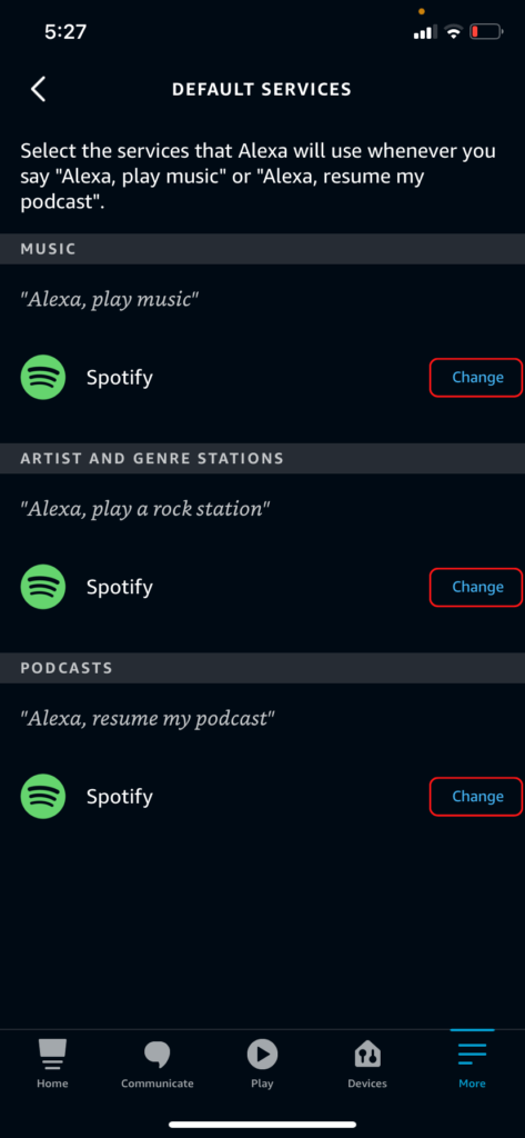 The Alexa app Default Services menu, showing how to change defaults