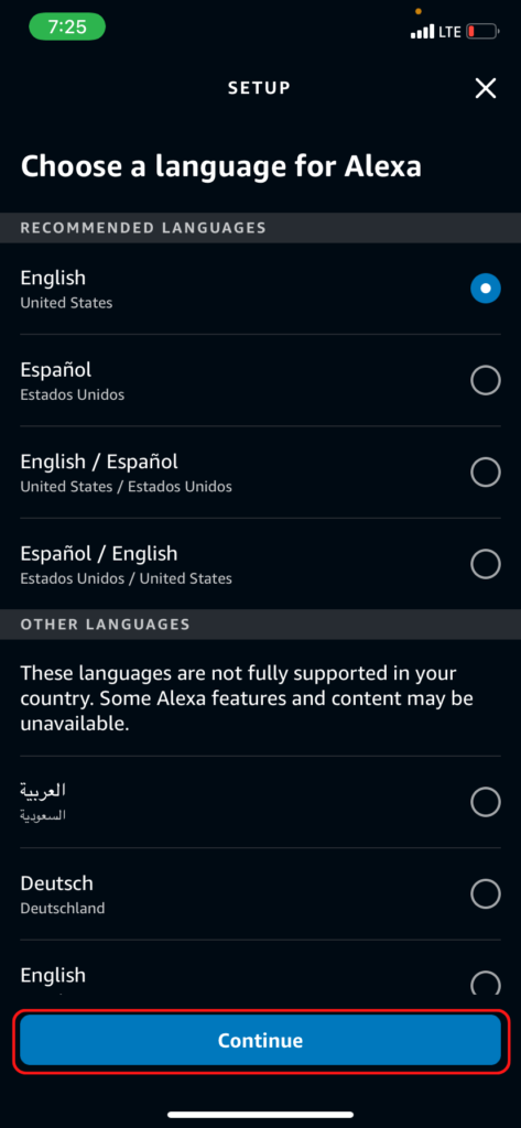 Choosing a language during the Echo setup process in the Alexa app