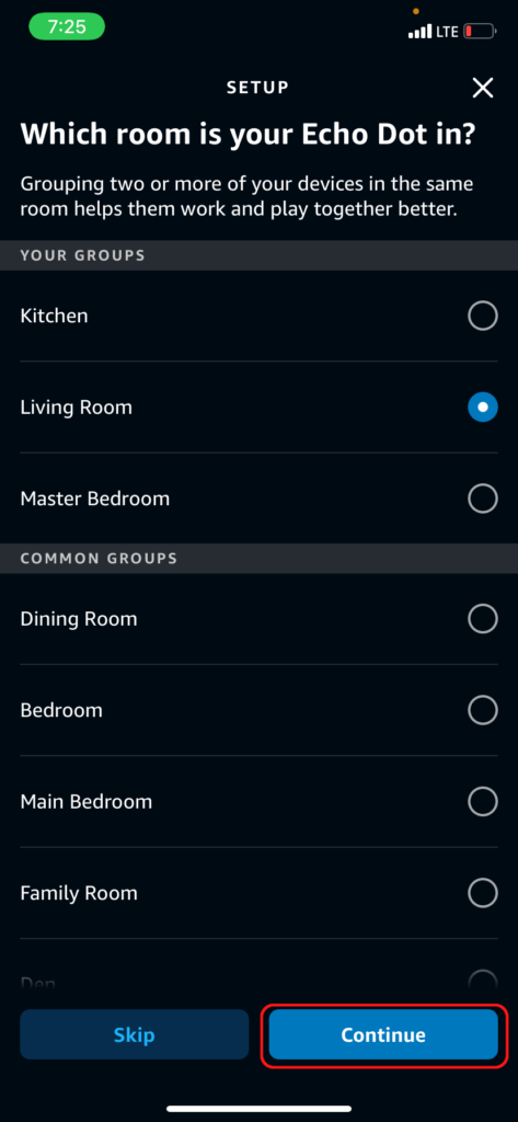 Choosing a room during the Echo setup process in the Alexa app