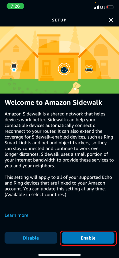 The Amazon Sidewalk enable/disable page in the Alexa app