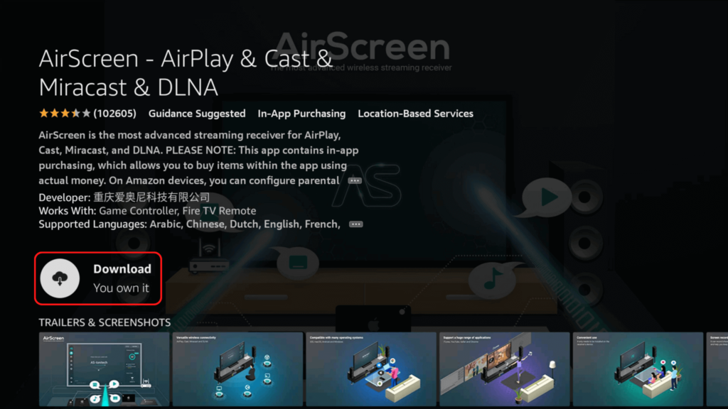 The download screen for Airscreen on Fire TV