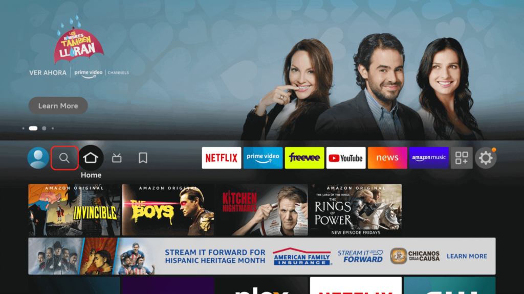 The Firestick home screen, showing the search button